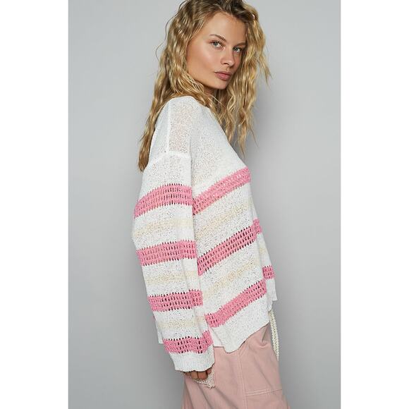 POL Striped Print Openwork Round Neck Relaxed Fit Knit Pullover Sweater | Ivory - Picture 4 of 6